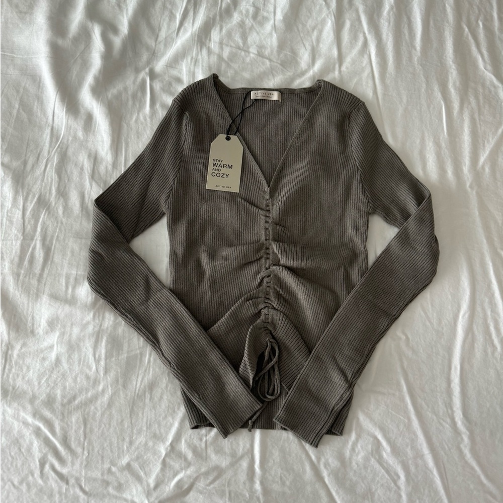 Olive Green Shirring Tie Detail V-Neck Rib Knit Long Sleeve Top